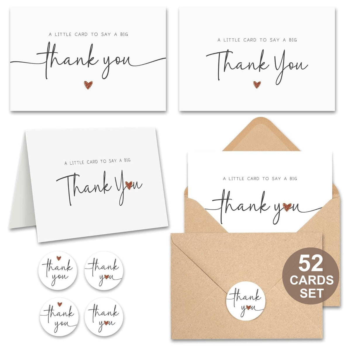 UnimaxPrint 52 Thank You Cards with Envelopes & Stickers (4 Designs), Minimalist 3x5” Thank You Notes for Teacher Apprec