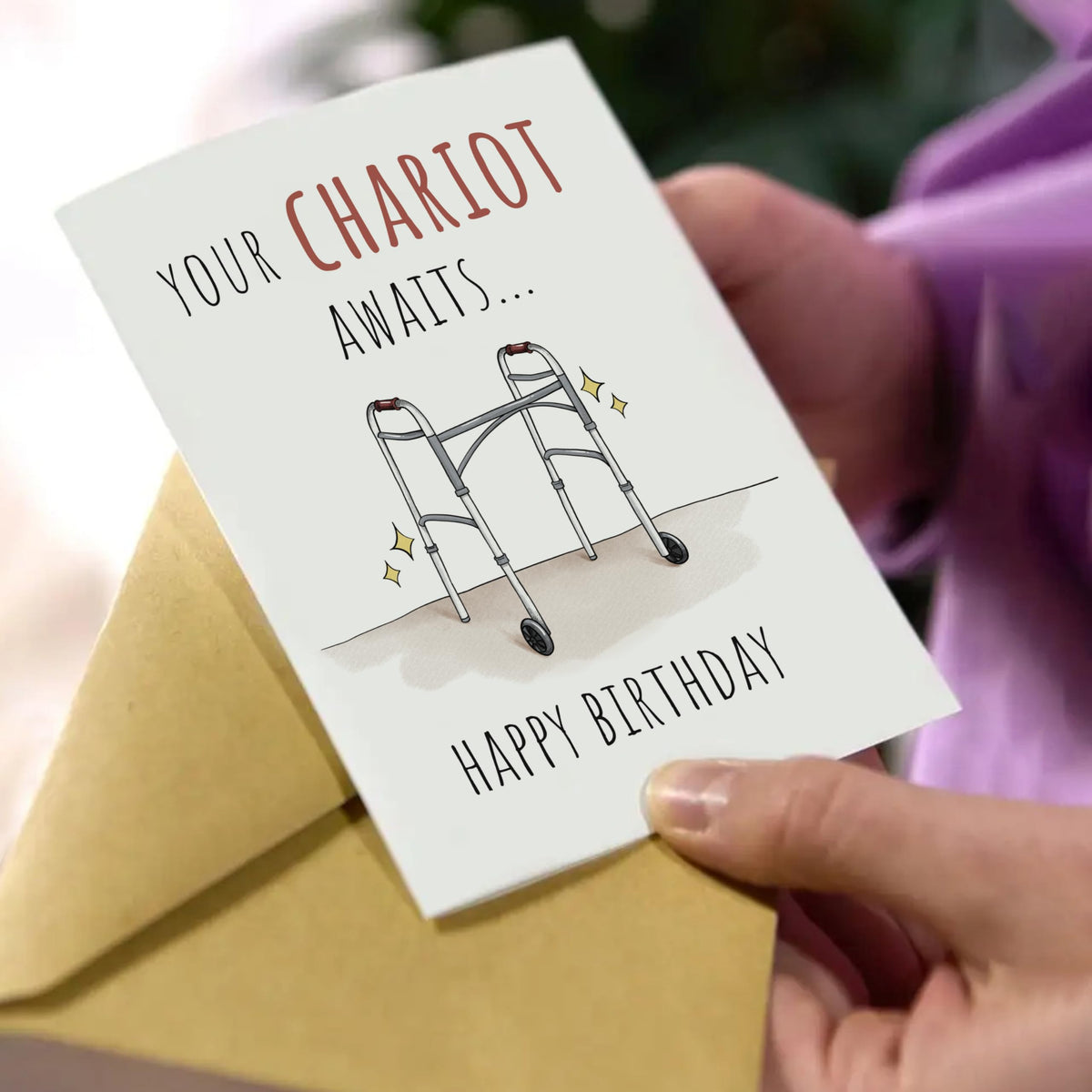 Premium Funny Birthday Card for Dad, Mom, Grandpa, Grandma, Family 40th 50th 60th 70th 80th, Unique Your Chariot Awaits 