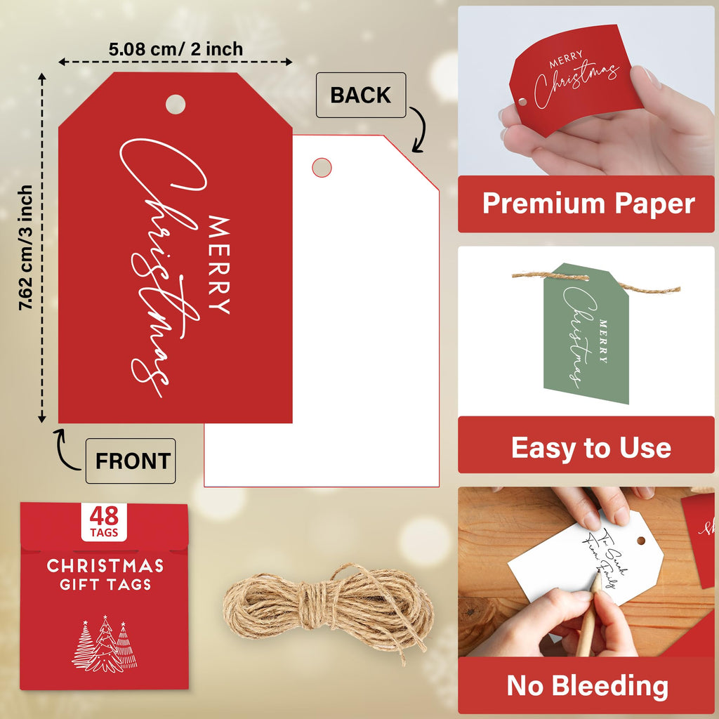 Elegant Christmas Gift Tags with String, 48 Premium Holiday Labels to Personalize Your Presents & Gift Bags, Christmas T