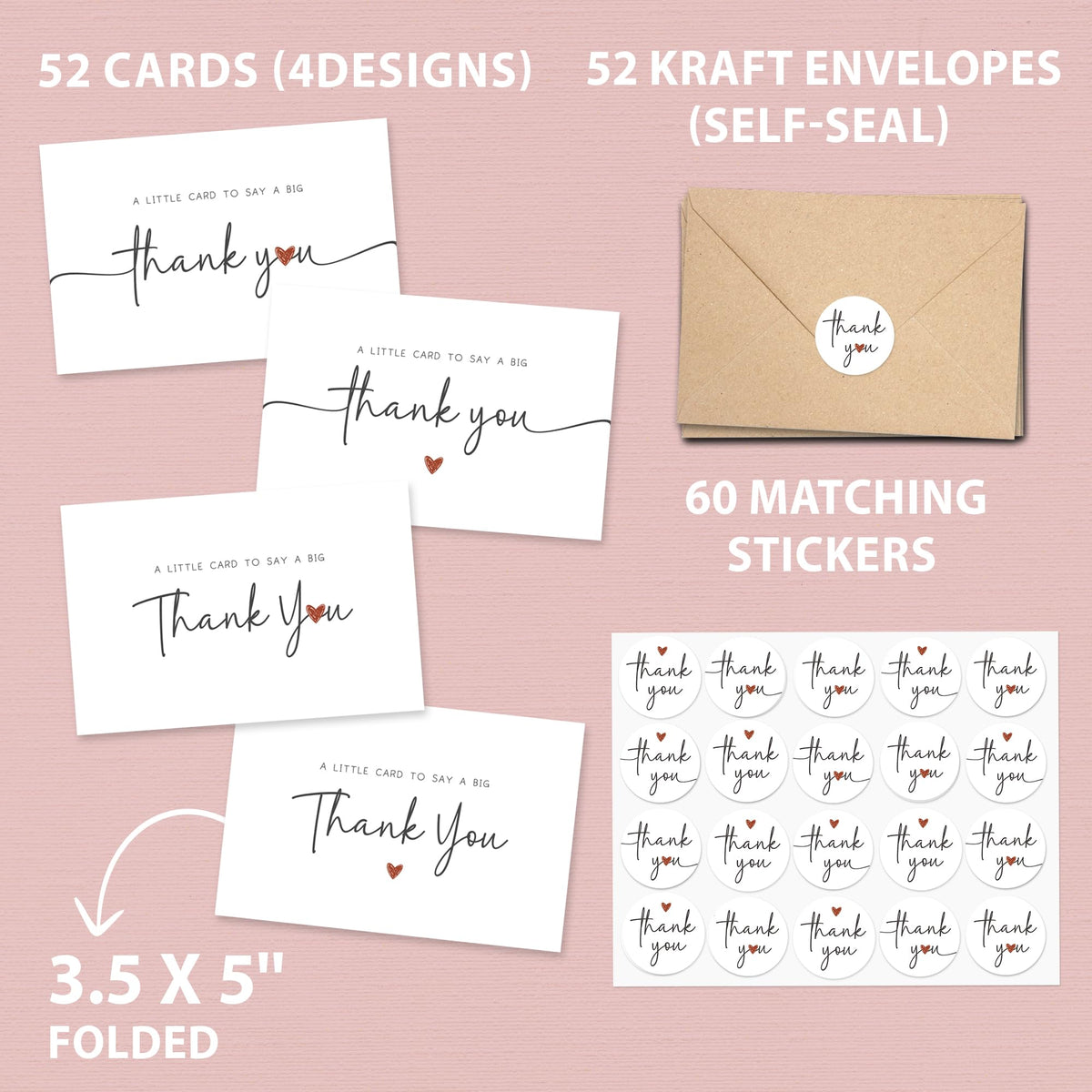 UnimaxPrint 52 Thank You Cards with Envelopes & Stickers (4 Designs), Minimalist 3x5” Thank You Notes for Teacher Apprec