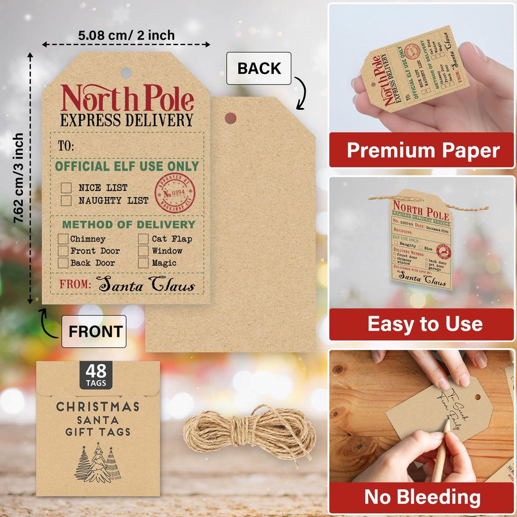 from Santa Christmas Gift Tags, 48 Kraft Labels with String (2x3”), 4 Vintage Santa Tags, Rustic Holiday Name Labels for