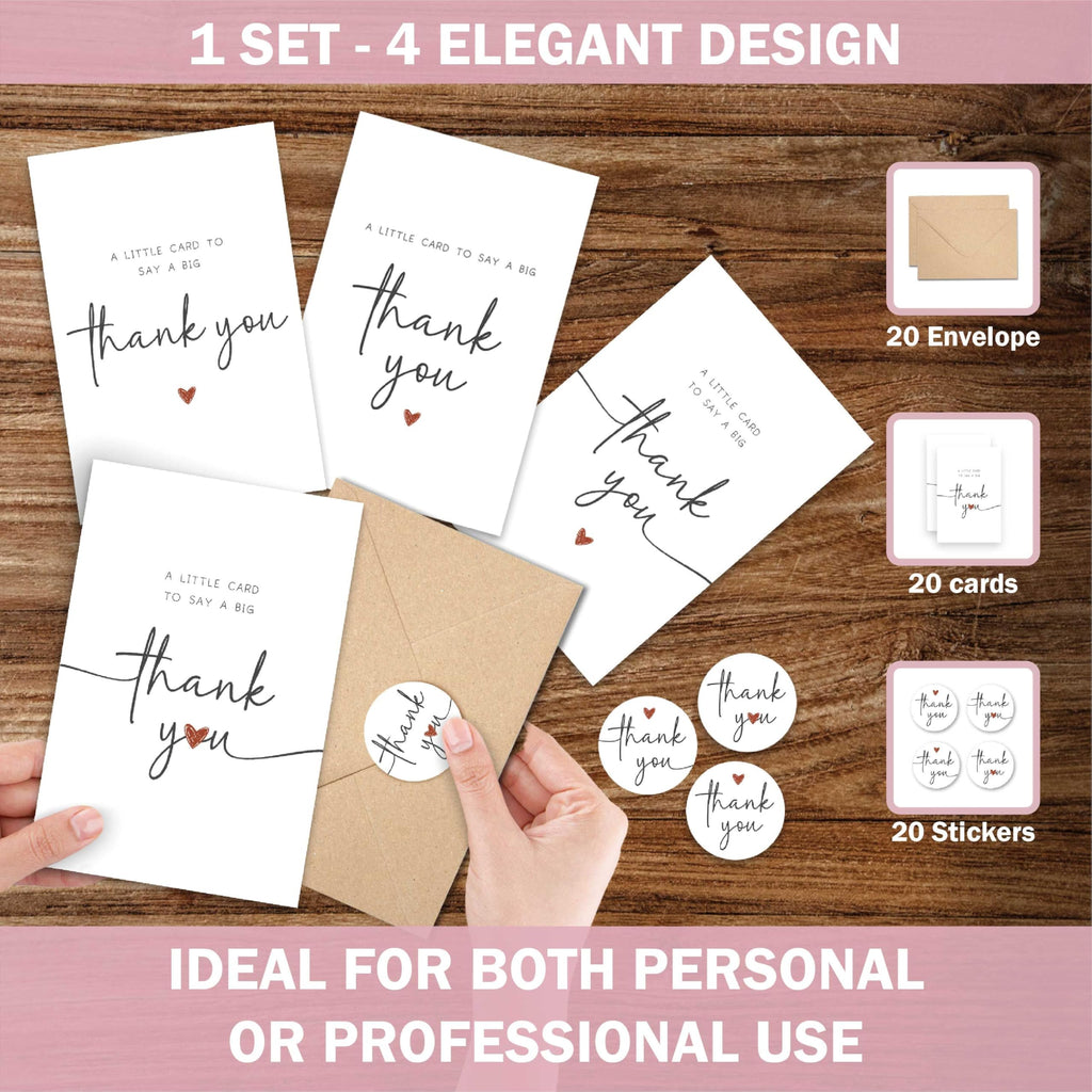 UnimaxPrint 20 Thank You Cards with Envelopes & Stickers (4 Design), Minimalist 4x6 Thank You Notes for Teacher Apprecia