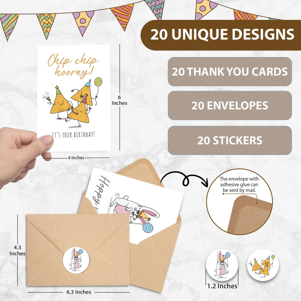 Birthday Cards with Envelopes & Stickers, Funny Assorted Happy Birthday Bulk, Cute Handmade Bday Greeting Cards for Kids