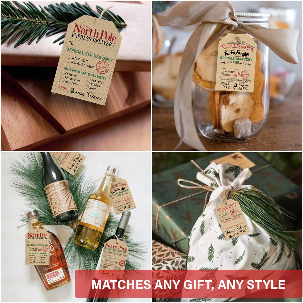 from Santa Christmas Gift Tags, 48 Kraft Labels with String (2x3”), 4 Vintage Santa Tags, Rustic Holiday Name Labels for