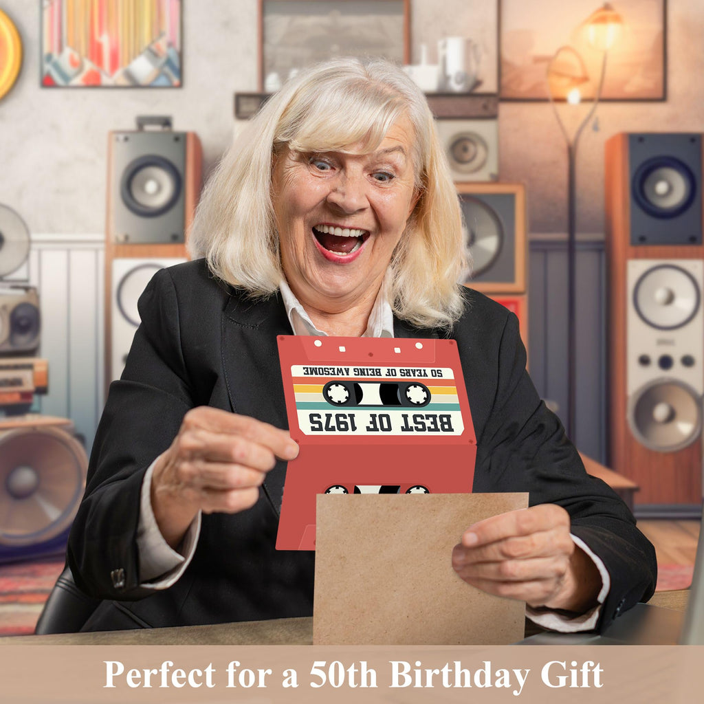 Unique Retro 50th Birthday Card for Men and Women, Aesthetic 50th Birthday Gifts for Him and Her, Cassette Tape Card for