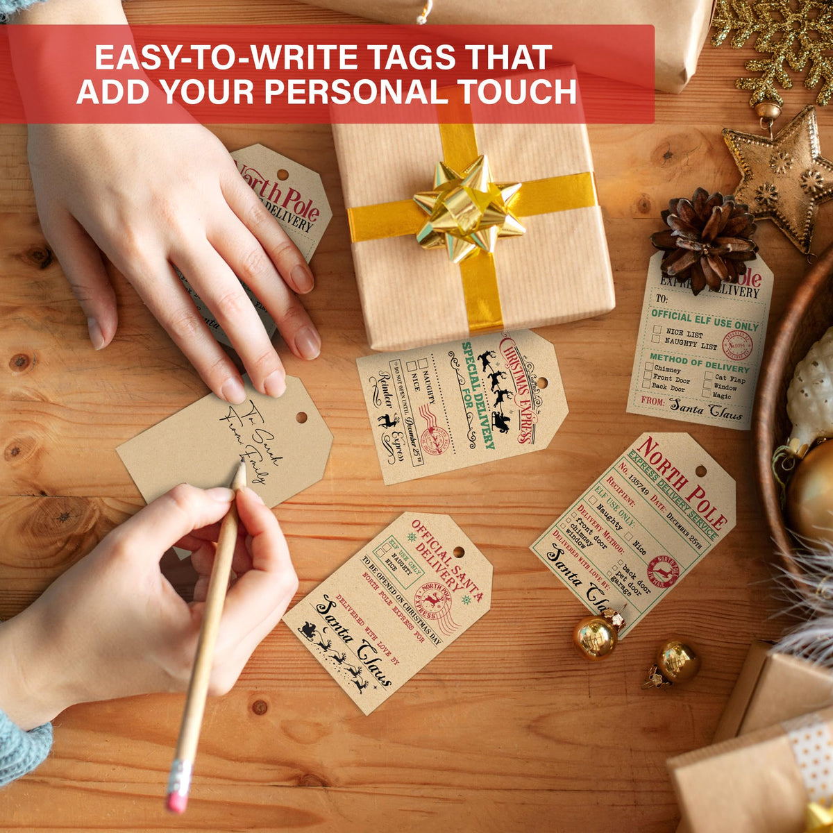 from Santa Christmas Gift Tags, 48 Kraft Labels with String (2x3”), 4 Vintage Santa Tags, Rustic Holiday Name Labels for