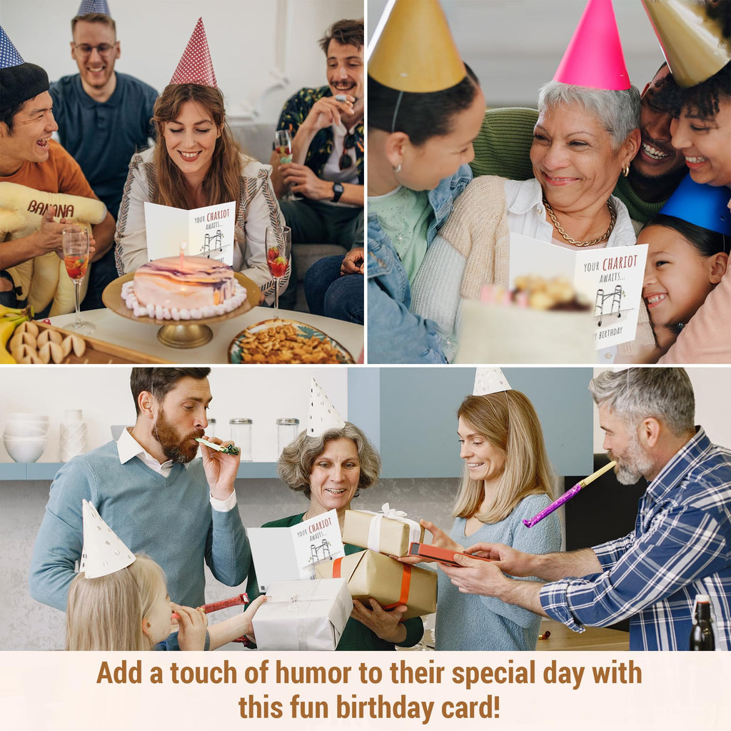Premium Funny Birthday Card for Dad, Mom, Grandpa, Grandma, Family 40th 50th 60th 70th 80th, Unique Your Chariot Awaits 