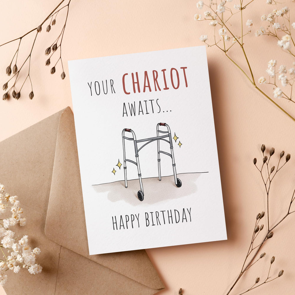 Premium Funny Birthday Card for Dad, Mom, Grandpa, Grandma, Family 40th 50th 60th 70th 80th, Unique Your Chariot Awaits 