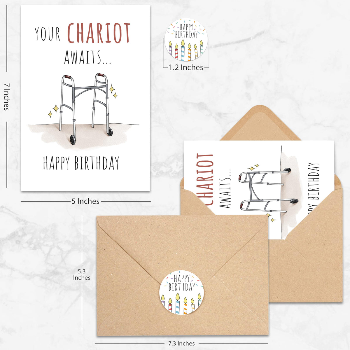 Premium Funny Birthday Card for Dad, Mom, Grandpa, Grandma, Family 40th 50th 60th 70th 80th, Unique Your Chariot Awaits 