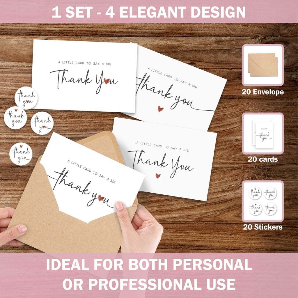 UnimaxPrint 20 Thank You Cards with Envelopes & Stickers (4 Design), Minimalist 4x6 Thank You Notes for Teacher Apprecia