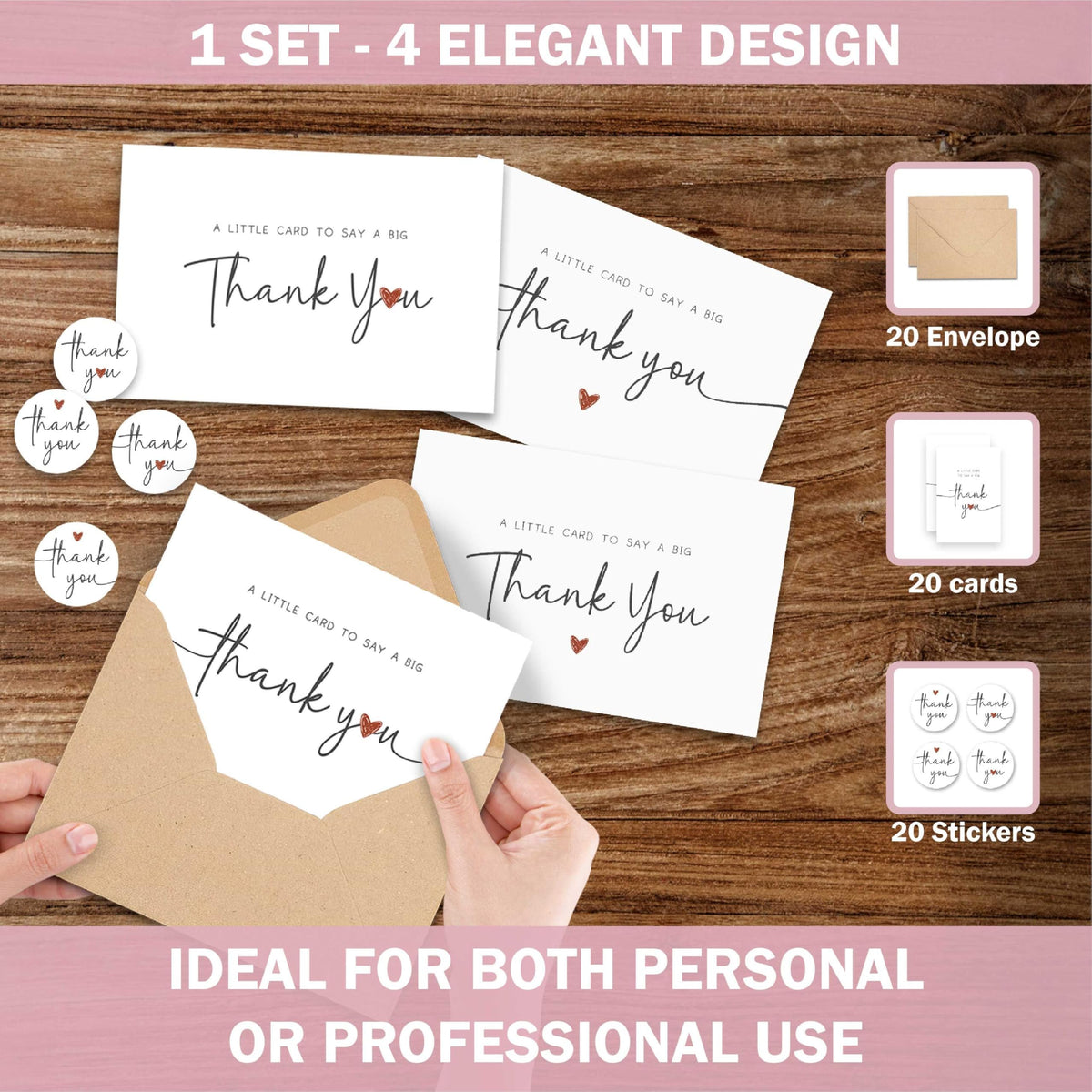 UnimaxPrint 20 Thank You Cards with Envelopes & Stickers (4 Design), Minimalist 4x6 Thank You Notes for Teacher Apprecia