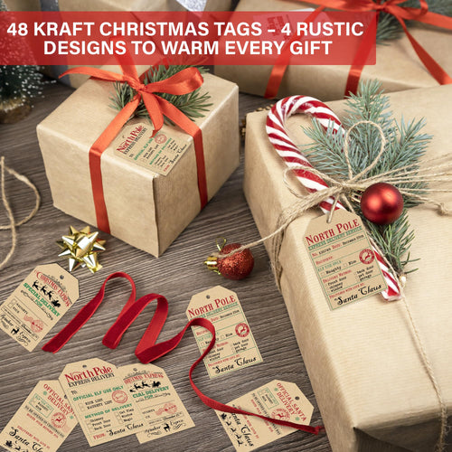 from Santa Christmas Gift Tags, 48 Kraft Labels with String (2x3”), 4 Vintage Santa Tags, Rustic Holiday Name Labels for