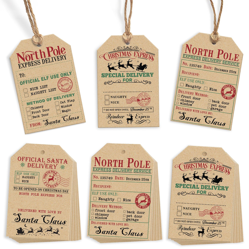 from Santa Christmas Gift Tags, 48 Kraft Labels with String (2x3”), 4 Vintage Santa Tags, Rustic Holiday Name Labels for