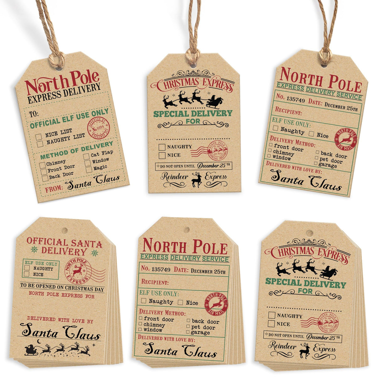 from Santa Christmas Gift Tags, 48 Kraft Labels with String (2x3”), 4 Vintage Santa Tags, Rustic Holiday Name Labels for