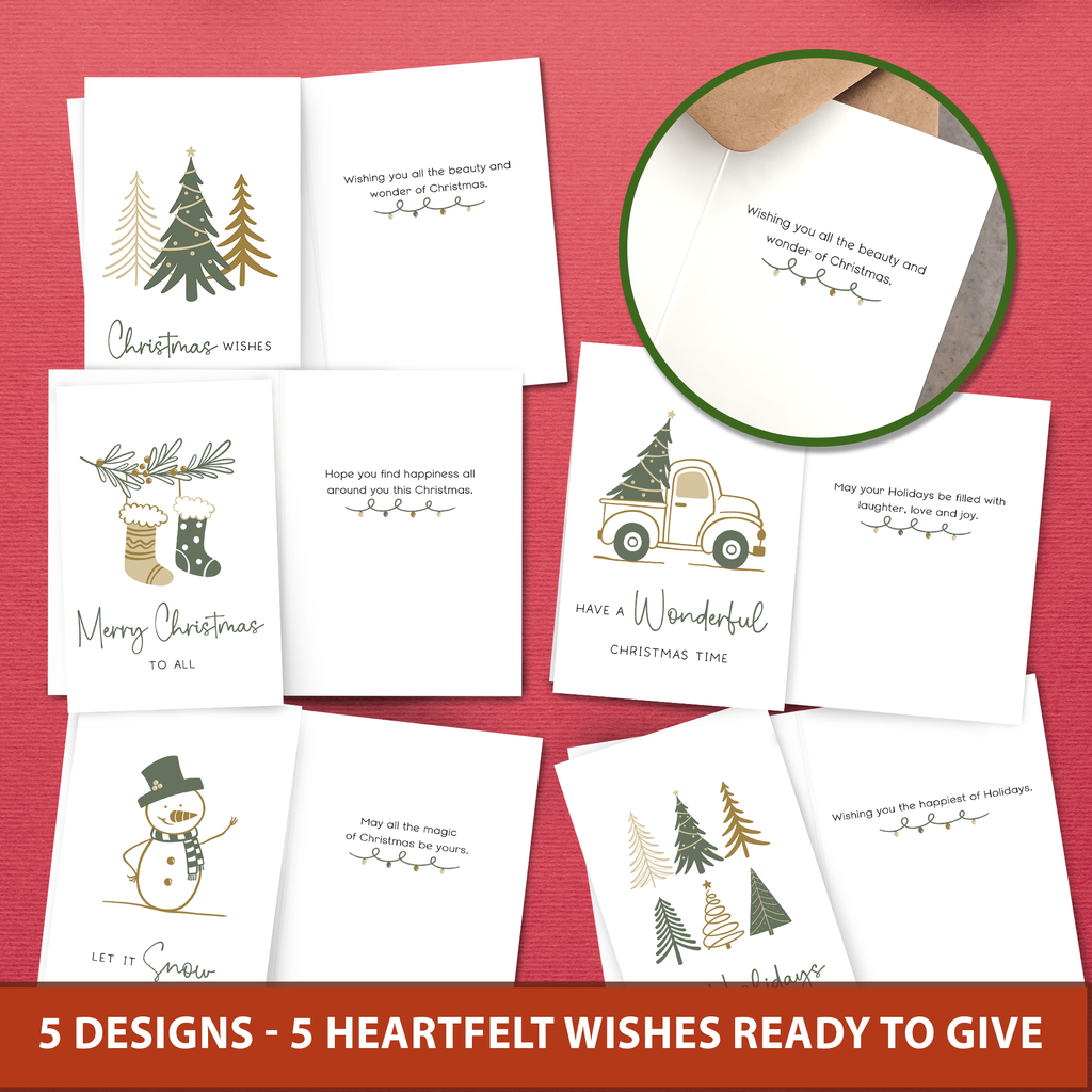 A set of five Christmas greeting cards arranged on a red textured background, with one circular inset showing a kraft envelope tucked into a card slot. The cards feature minimalist holiday illustrations in green and gold, including trees, stockings, a truck, a snowman, and text messages for Christmas.