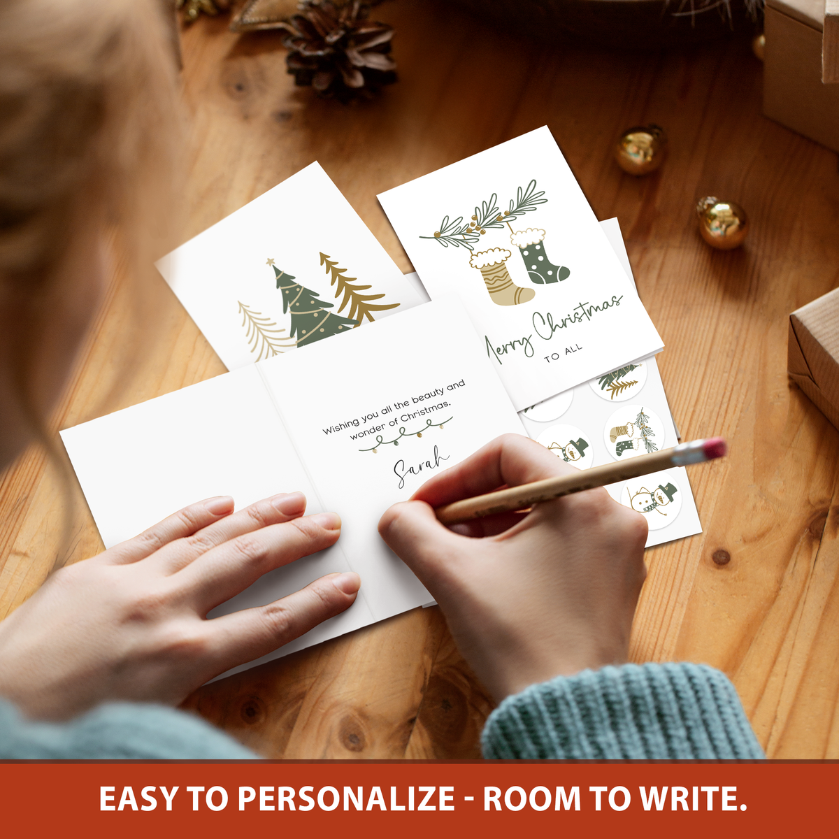20 Minimal Christmas Cards Boxed with Envelopes & Stickers, Cozy Xmas Cards with 5 Elegant Designs, Incl. Pre-Written Message & Space to Personalize Warm Wishes for Friends, Family & Coworkers