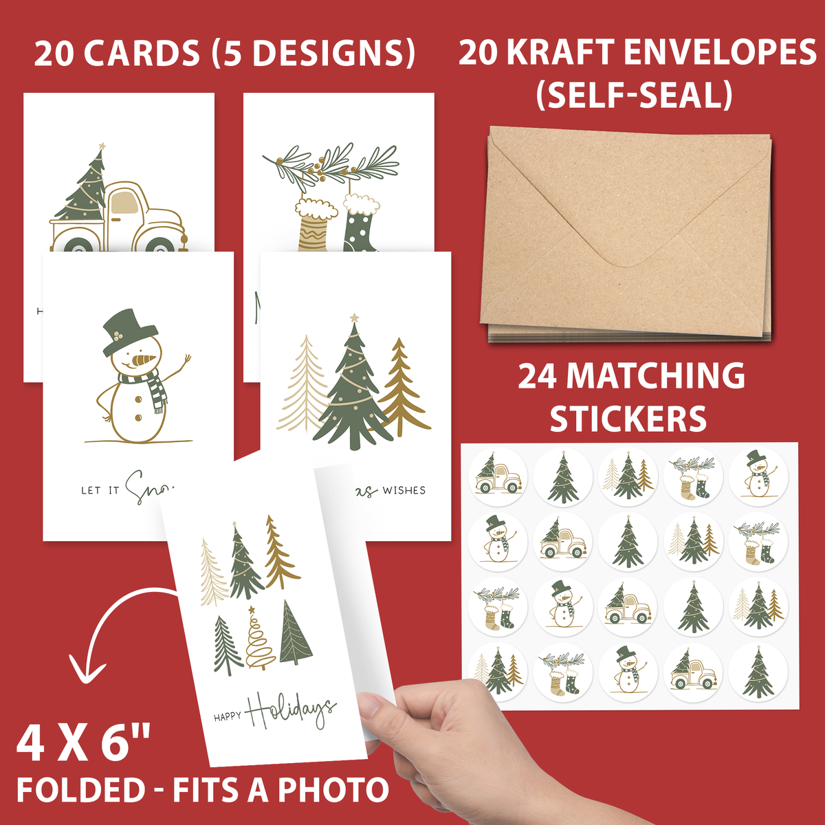 20 Minimal Christmas Cards Boxed with Envelopes & Stickers, Cozy Xmas Cards with 5 Elegant Designs, Incl. Pre-Written Message & Space to Personalize Warm Wishes for Friends, Family & Coworkers