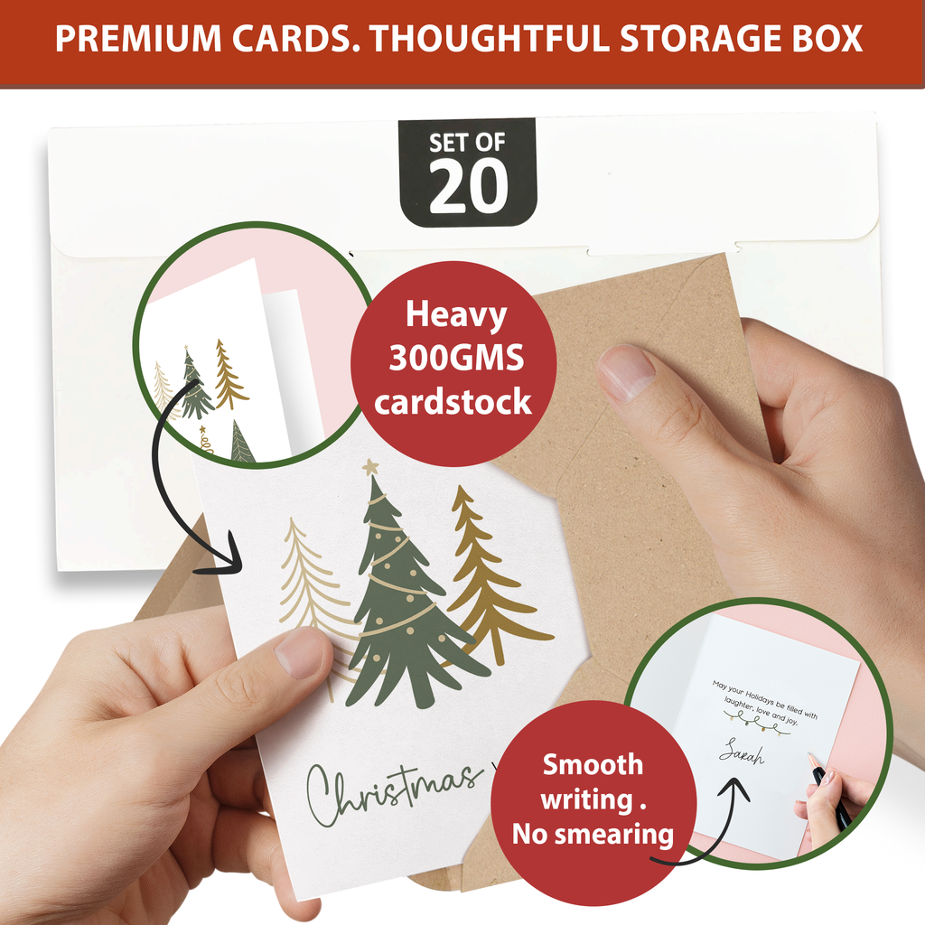 20 Minimal Christmas Cards Boxed with Envelopes & Stickers, Cozy Xmas Cards with 5 Elegant Designs, Incl. Pre-Written Message & Space to Personalize Warm Wishes for Friends, Family & Coworkers