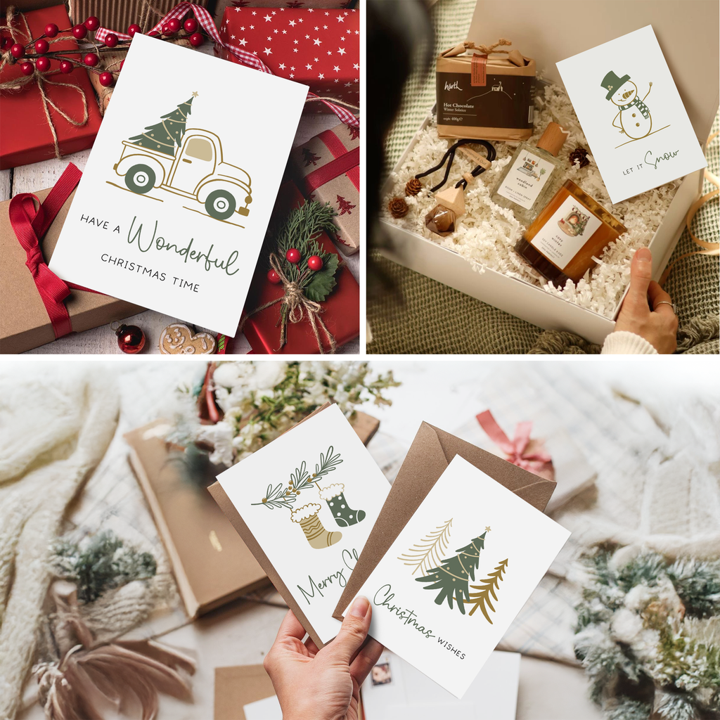Three-panel collage showing Christmas greeting cards in a cozy gift setting. The top-left panel shows a white card with a vintage truck carrying a Christmas tree and the text 'Have a Wonderful Christmas Time,' surrounded by wrapped presents and holiday decor.